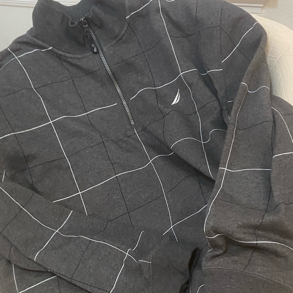 Nautica Men's Charcoal 1/4 Zip-Up Sweater with White Grid